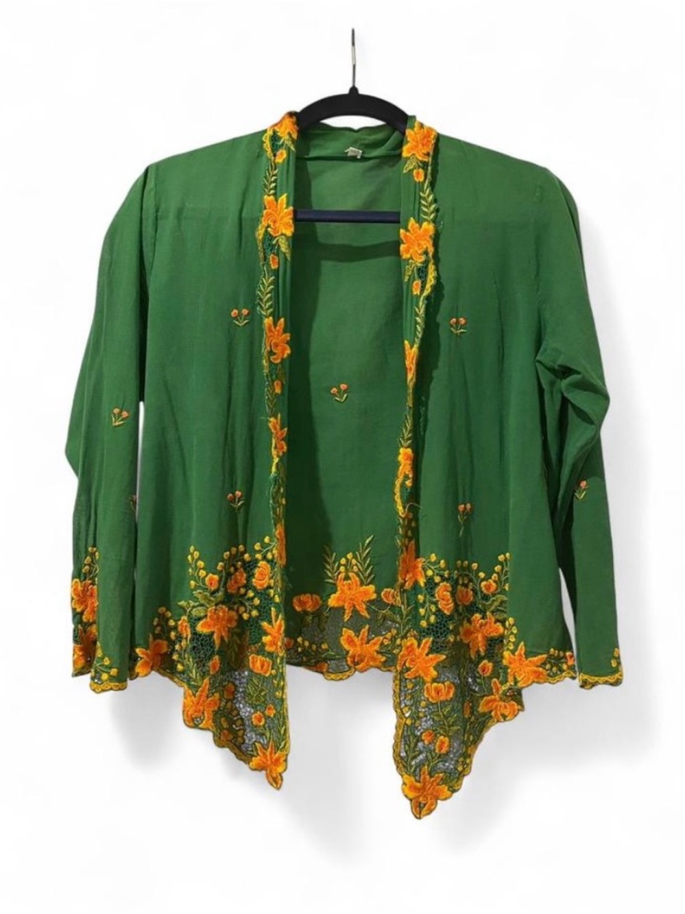 Green Floral Embroidered Open Front Cardigan